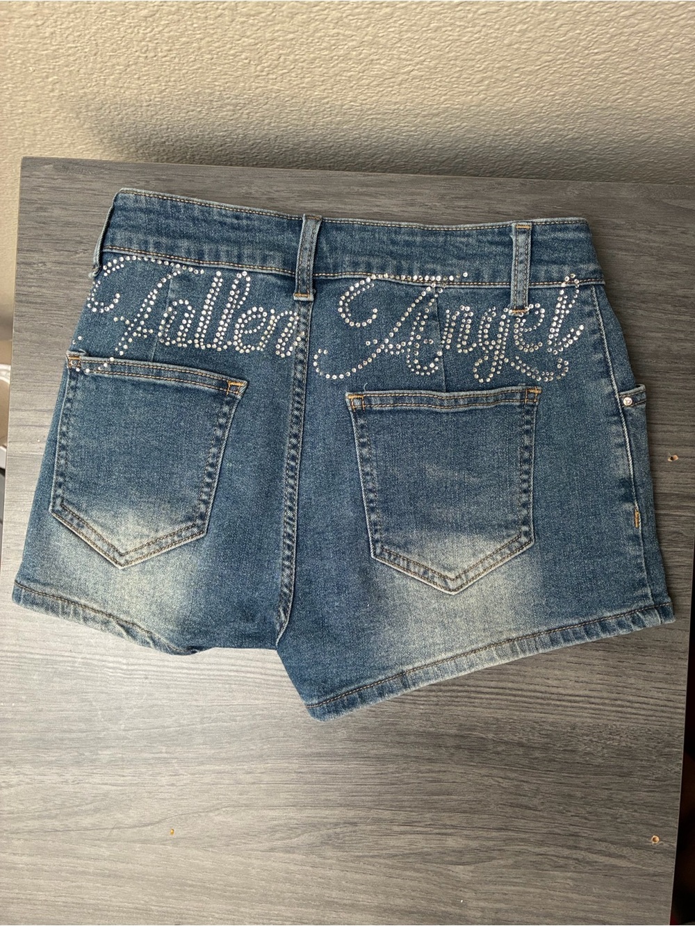 ROMWE Blue Denim "Fallen Angel" Rhinestone Jean Shorts, size 26 waist